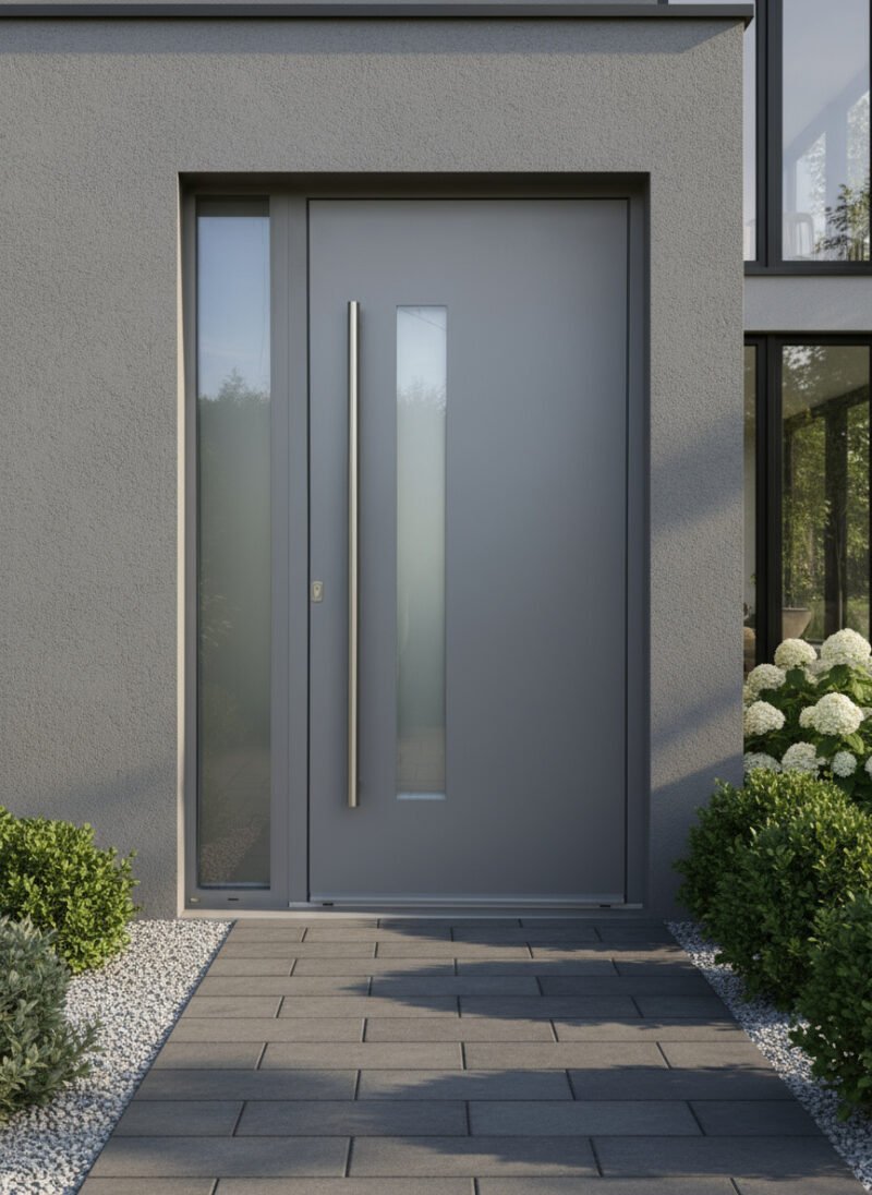 Porte d’entrée aluminium Schüco ADS 60 CH 1 vantail + 1 tierce avec décore